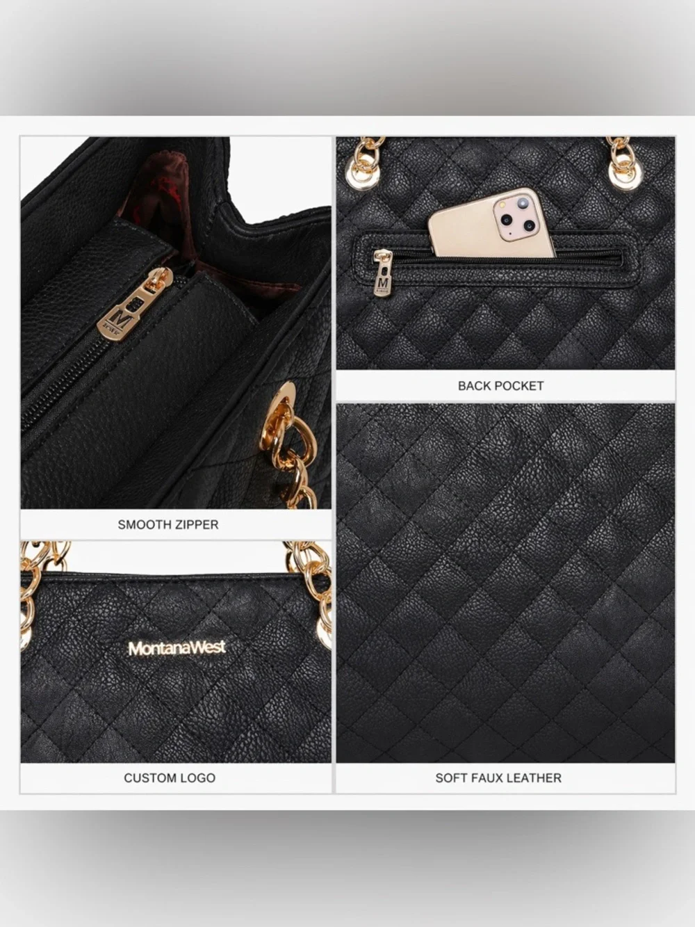 Chic Black Quilted Tote Bag with Gold Chain Handles - Picture 3 of 5